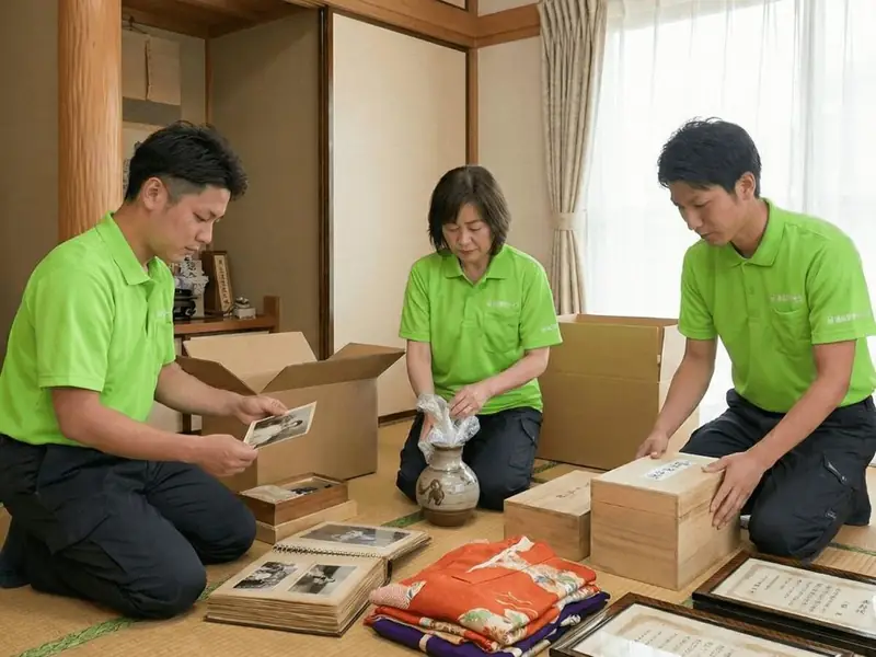 和室でご遺品を仕分けする当社のスタッフ