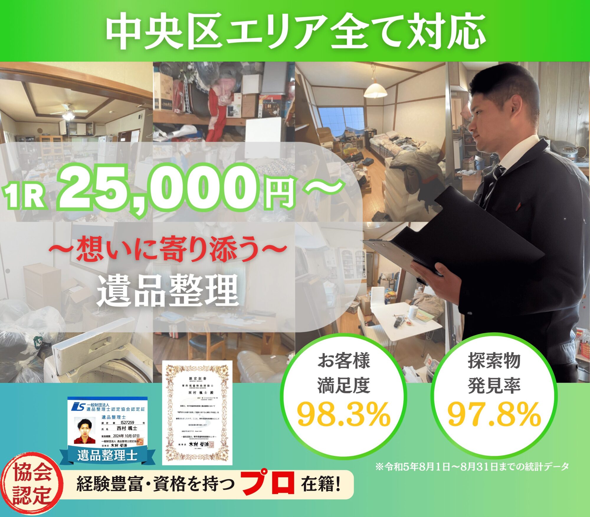 大阪市中央区 遺品整理
最安値25,000~
有資格者対応
経験豊富なプロが在籍・対応