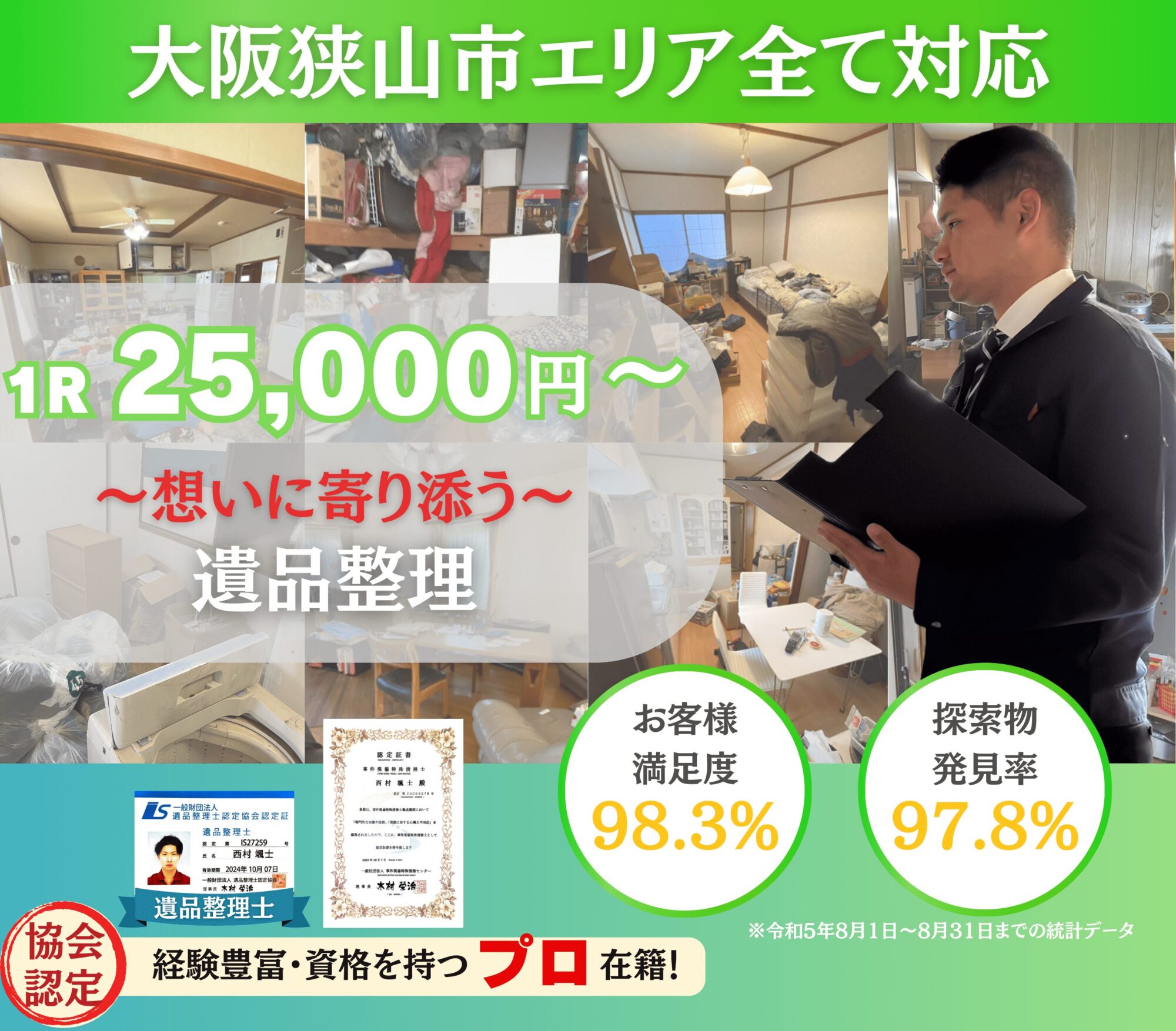 大阪狭山市 遺品整理
最安値25,000~
有資格者対応
経験豊富なプロが在籍・対応