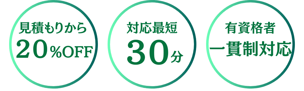 CTA
見積もりから２0%OFF
最短30分対応
有資格者一貫性対応