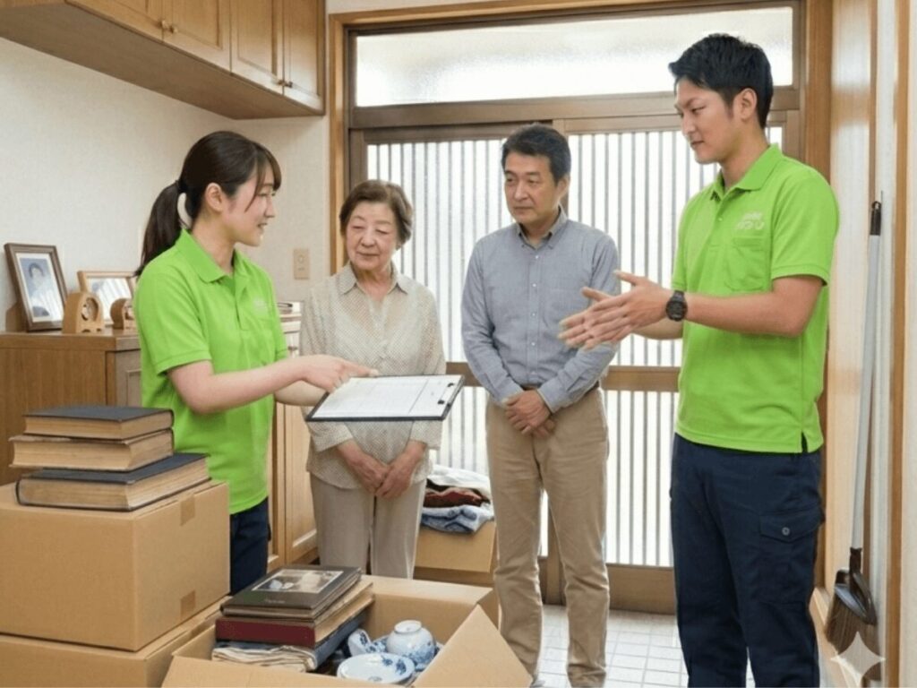 大阪府での遺品整理作業のお客様との打ち合わせの様子。不用品回収・生前整理・空家整理対応