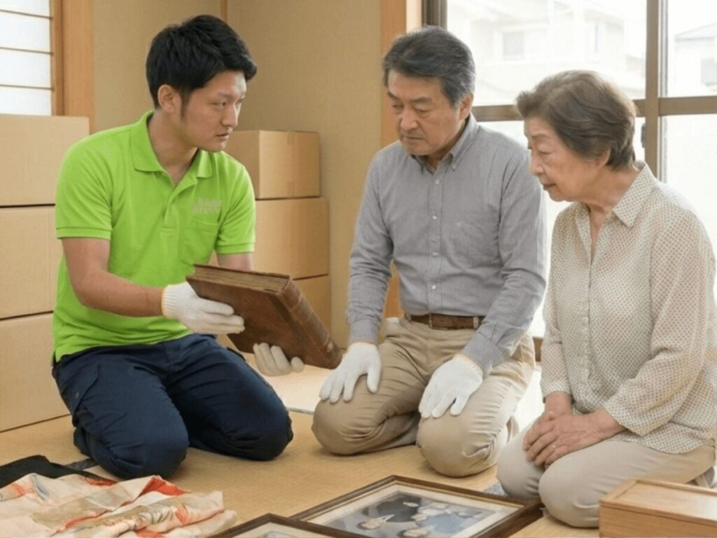大阪府での遺品整理でお客様に遺品の扱いに関する説明の様子。不用品回収・生前整理・空家整理対応